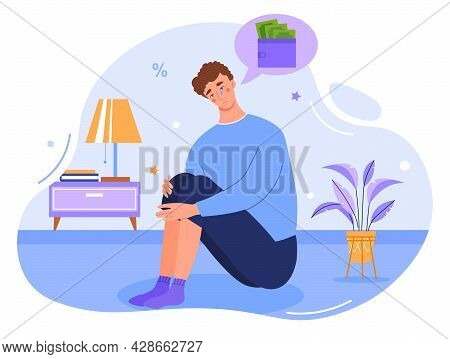 Depressed Young Male Character Crying Over Financial Problems And Debts. Concept Of Businessman Brok