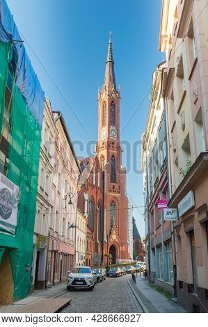 Walbrzych, Poland - June 3, 2021: Street View With Tower Of Holy Guardian Angels Church In Walbrzych