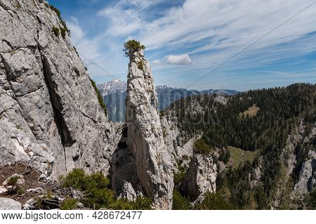 The Austrian Alps Near Admont On A Sunny Day In Summer, National Park Gesaeuse, Interesting Rock For