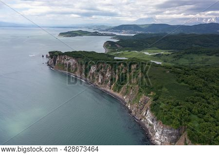 Aerial Drone Photo Of Mayachny Cape On Kamchatka Peninsula On Picturesque Avacha Bay Coast Covered B