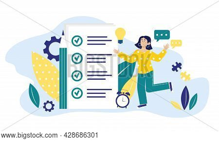 Successful Time Management Vector Concept Illustration. Happy Young Woman Has All Her Tasks Done. Ef