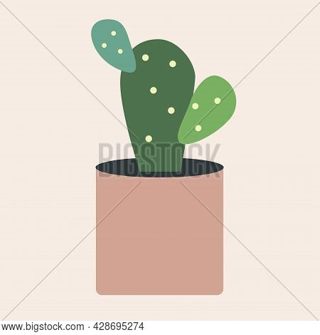 Bunny Ears Cactus In Flowerpot Flat Illustration. Indoor Green Cacti. Spiny Houseplant. For Topics L