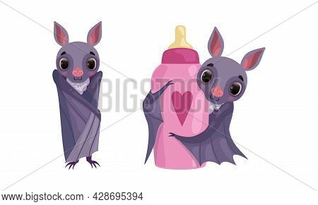 Funny Purple Bat With Cute Snout Standing And Holding Baby Bottle Vector Set
