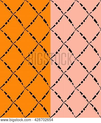 Hand Drawn Ethnic Grid Seamless Pattern. Neutral Geometric Diagonal Structure. Orange, Pink Easy Edi