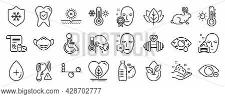 Set Of Healthcare Icons, Such As Face Declined, Weather Thermometer, Dental Insurance Icons. Dumbbel