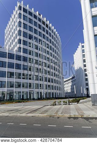 Moscow, Russia - July 18, 2021: Modern Office Building With Arcuate Facade. Ozerkovskaya Embankment,