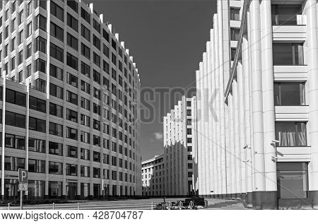 Moscow, Russia - July 18, 2021: Modern Office Building With Arcuate Facade. Ozerkovskaya Embankment,