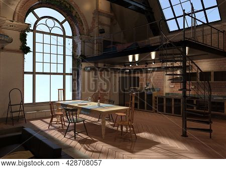 3d Rendering Of An Old Industrial Style Apartment Interior