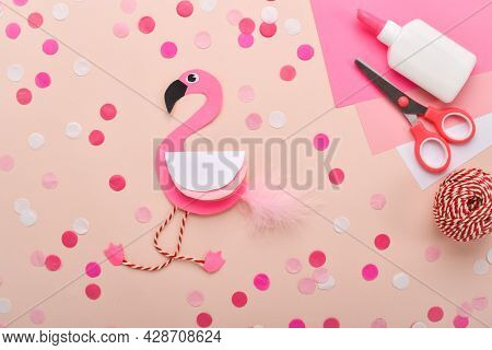 Diy. Childrens Pink Flamingo Made Of Colored Paper. Detailed Step-by-step Instructions.