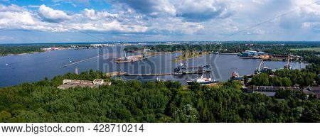 Riga, Latvia. June 10, 2021. Cargo Ship At Floating Dry Dock Is Being Renovated