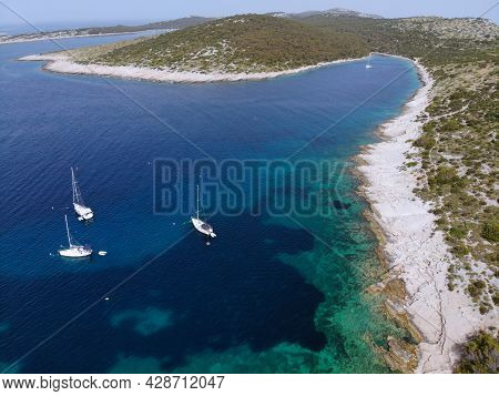 Zirje Island In Croatia. Paradise Cove With Sailing Yachts. Drone View Of Croatia.