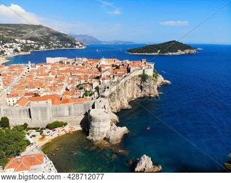 Dubrovnik City Landmark, Croatia. Medieval City Walls. Aerial View Of Dubrovnik.