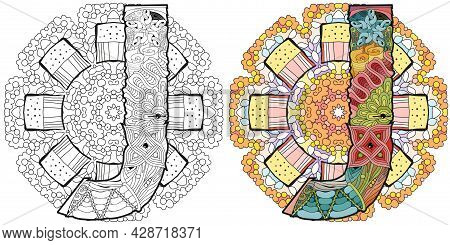 Hand-painted Art Design. Adult Anti-stress Coloring Page. Black And White Hand Drawn Illustration Ma