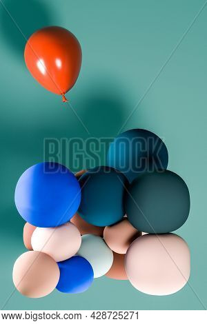 Close Up Of Balloons In Transparent Invisible Box. One Balloon Flying Away Without Restrictions. Cre