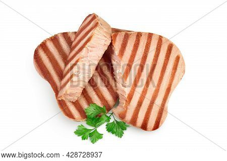 Tuna Fish Steak Grilled Isolated On White Background With Clipping Path And Full Depth Of Field