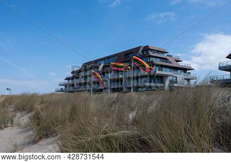 Yellow Sandy Beach In Small Belgian Town Knokke-heist, Luxury Vacation Destination, Summer Holidays