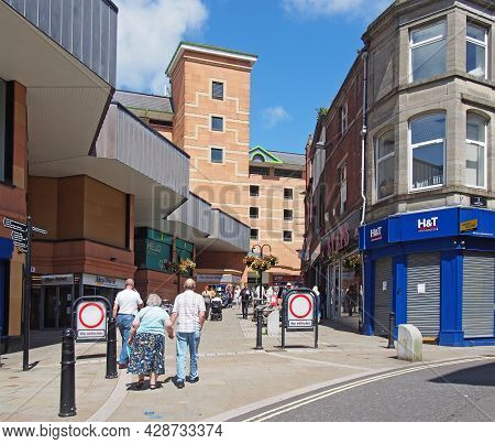 Rochdale, Greater Manchester, United Kingdom - 14 July 2021: People In The Pedestrian Center Of Roch