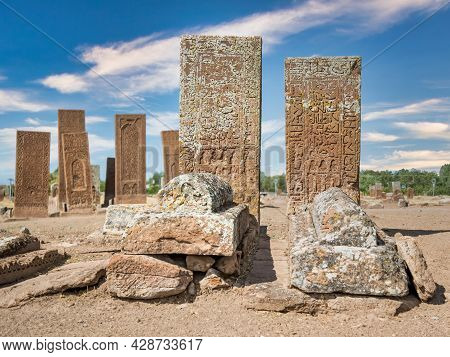 Bitlis, Turkey - September 2013: Tombstones From Historical Seljuk Cemetery Of Ahlat