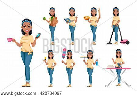 Pretty African American Housewife, Set Of Nine Poses. Beautiful Lady Cartoon Character Doing Domesti