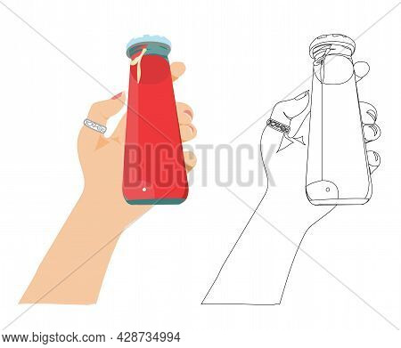 Red Drink In A Glass Bottle In Hand. Coloring. Vector Stock Illustration Isolated On White Backgroun