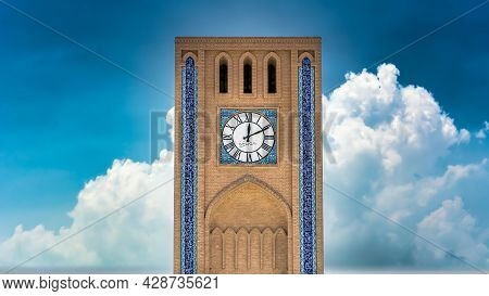 Yazd, Iran - May 2019: Clock Tower In Saat Square In The Historical City Of Yazd