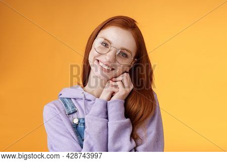 Tender Feminine Ginger Girl Blue Eyes Wearing Glasses Hoodie Lean Palms Smiling Receive Sweet Cute G