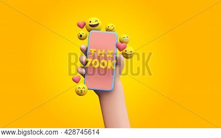 Thanks 700k Social Media Supporters. Cartoon Hand And Smartphone. 3d Render.