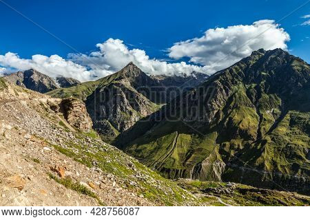 View of Lahaul valley from descend from Rohtang La pass. Himachal Pradesh, India