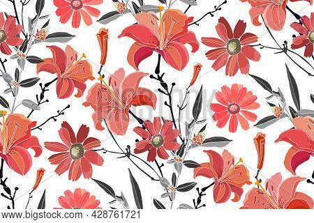 Vector Floral Seamless Pattern. Red Lilies, Daylilies, Wormwood, Quinoa, Grey Leaves.