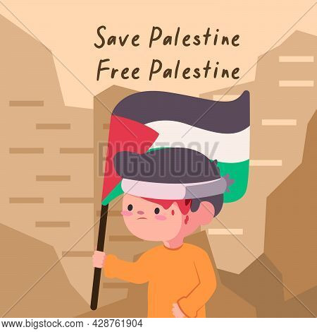 Child With Flag Of Save Palestine And Free Palestine That Colored Black White Green And Red In The B