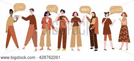 Some Woman From Multi Ethnic In A Community With Brown Dress Are Learning Multi Language Vocabulary 