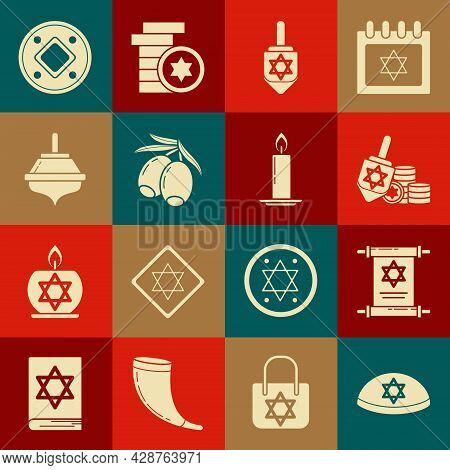Set Jewish Kippah With Star Of David, Torah Scroll, Hanukkah Dreidel And Coin, Olives Branch, And Bu