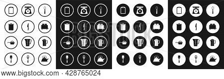 Set Spoon, Knife, Cooking Pot, Cutting Board, Toaster With Toasts, Scales, Teapot And Frying Pan Ico