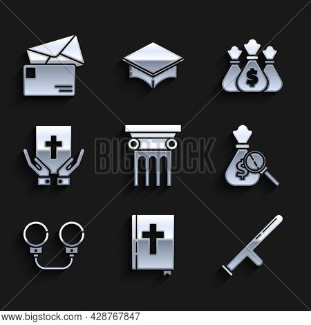 Set Law Pillar, Holy Bible Book, Police Rubber Baton, Money Bag And Magnifying Glass, Handcuffs, Oat