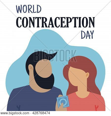 A Man And A Woman Are Holding A Condom In Their Hands. A Young Family Chooses A Contraception. Vecto