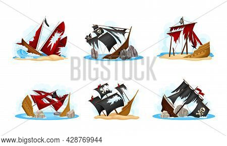 Wreckage Of Pirate Ship Or Vessel With Ripped Black And Red Sail Vector Set