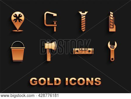 Set Wooden Axe, Stationery Knife, Adjustable Wrench, Construction Bubble Level, Bucket, Metallic Scr