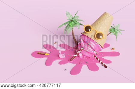 Ice Cream Strawberry With Topping In Waffle Cones Fallen,coconut Tree,inflatable Flamingo,beach Chai