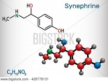 Synephrine, P-synephrine Molecule. It Is Phenethylamine Alkaloid. Structural Chemical Formula And Mo