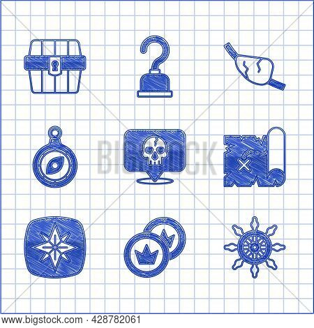 Set Skull, Pirate Coin, Ship Steering Wheel, Treasure Map, Wind Rose, Compass, Eye Patch And Antique