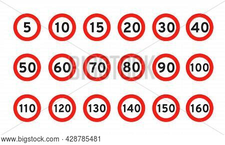 Speed Limit 5, 10, 15, 20, 30, 40, 50, 60, 70, 80, 90, 100 Round Road Traffic Icon Sign Flat Style D