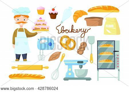 Baker Character With Equipment For Kids Vector Illustrations Set. Male Character Holding Cake, Bag O