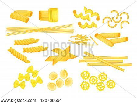 Different Types Of Italian Pasta Flat Vector Illustrations Set. Raw Macaroni, Penne, Farfalle, Ziti,