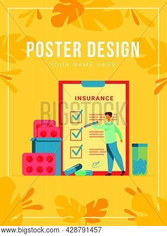 Health Insurance Agreement. Man Studying Insurance List Among Medical Drugs And Hospital Pills. Can 