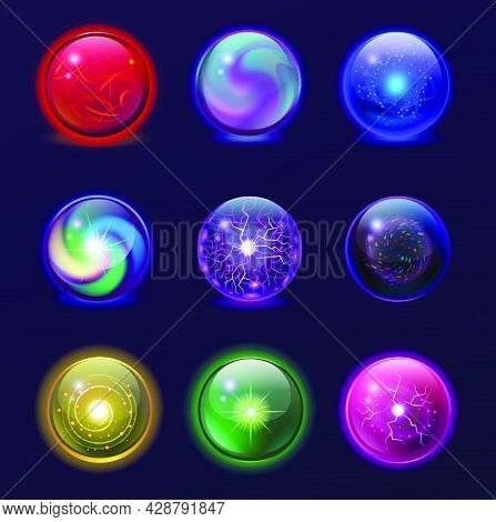 Magic Balls Illustration Set. Energy Mysterious Globes, Magical Crystal Glass Prediction Supernatura