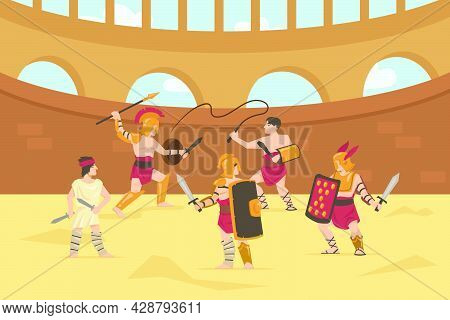 Roman Armored Soldiers Fighting With Swords, Spears And Whips. Cartoon Vector Illustration. Gladiato