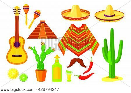 Set Of Cartoon Mexican Traditional Symbols. Flat Vector Illustration. Colorful Collection Of Cacti, 