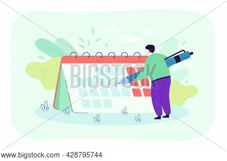 Tiny Man In Front Of Giant Calendar Cartoon Vector Illustration. Person Highlighting Specific Date O