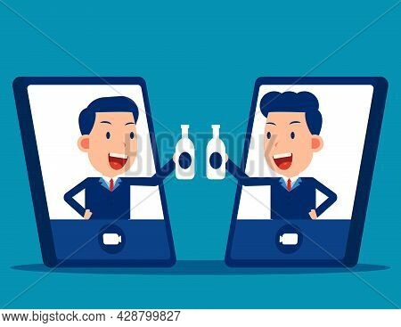 Clunking Online With Beer Via Internet Video Call. Online Vector Illustration