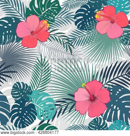 Seamless Pattern With Hibiscus Flowers And Tropical Palm Leaves.